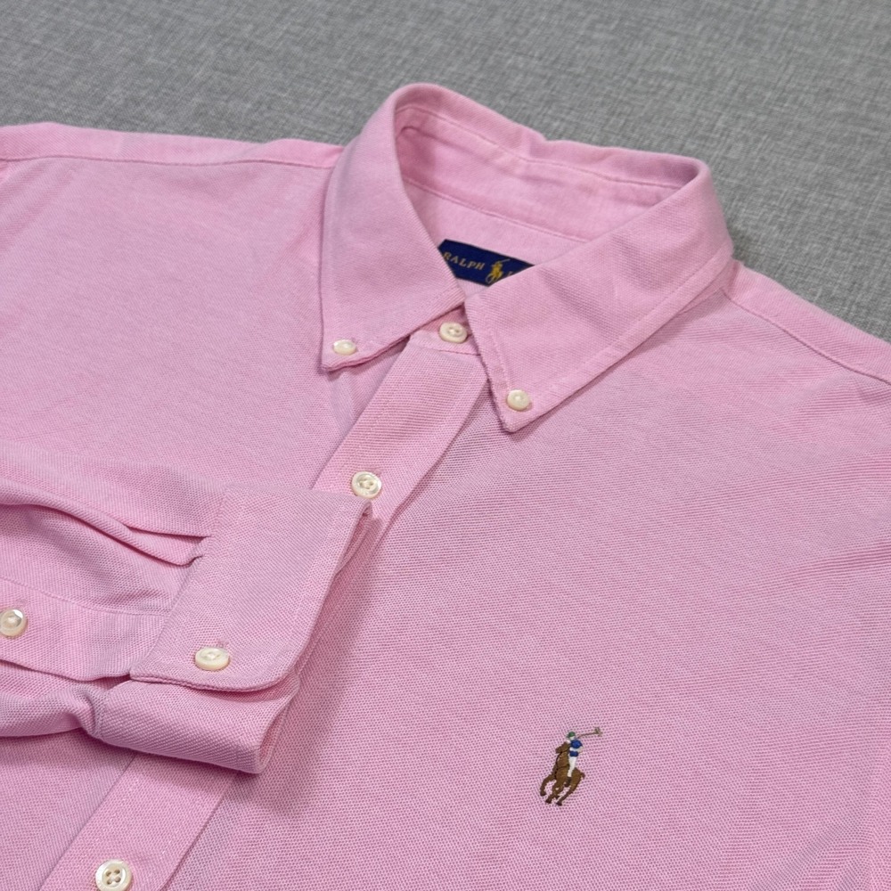 Ralph Lauren Mesh Knit Button-Down Shirt Mens XL Pink Long Sleeve Flesh Pony
